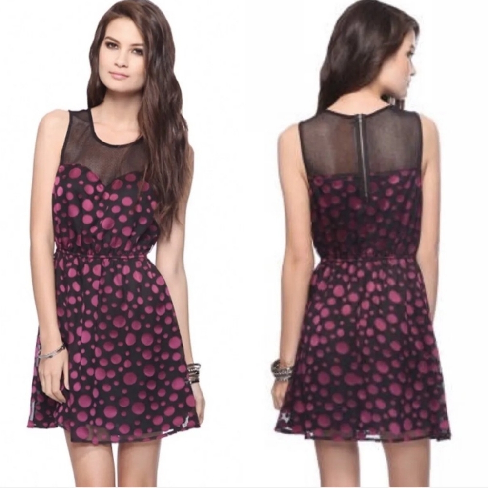 Forever 21 Dress Size M Black Purple Polka Dot Mesh A- Line Short Mini Party.